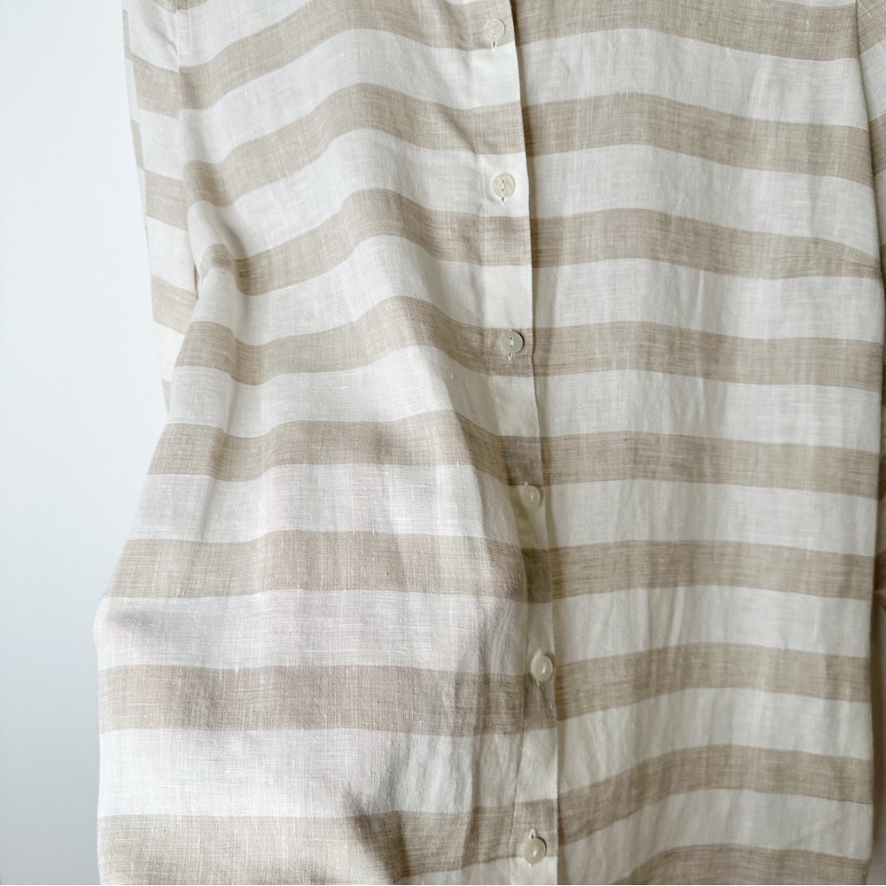 Chicos Linen No Iron Tan White Button Down Preppy Coastal Top Size 1 Medium/10 - Picture 5 of 7